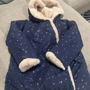 Zara Navy Star Print Puffer Jacket with Faux Fur